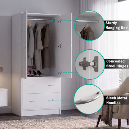 Taly 2-Door Armoire with Two Drawers and Hanging Rod, Spacious Wardrobe Storage Cabinet for Clothing, Accessories and Daily Essentials, Functional Vertical Closet Organizer for Bedrooms and Dressing Spaces