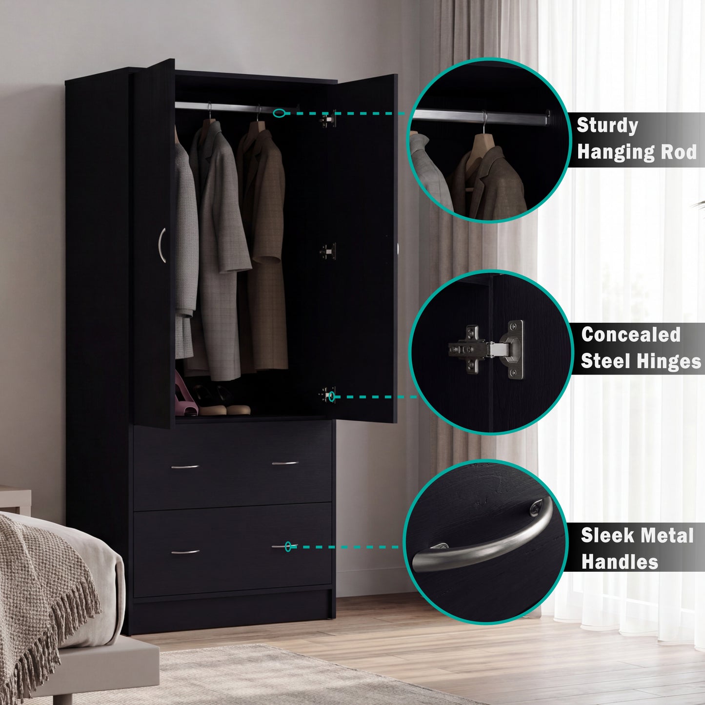 Taly 2-Door Armoire with Two Drawers and Hanging Rod, Spacious Wardrobe Storage Cabinet for Clothing, Accessories and Daily Essentials, Functional Vertical Closet Organizer for Bedrooms and Dressing Spaces