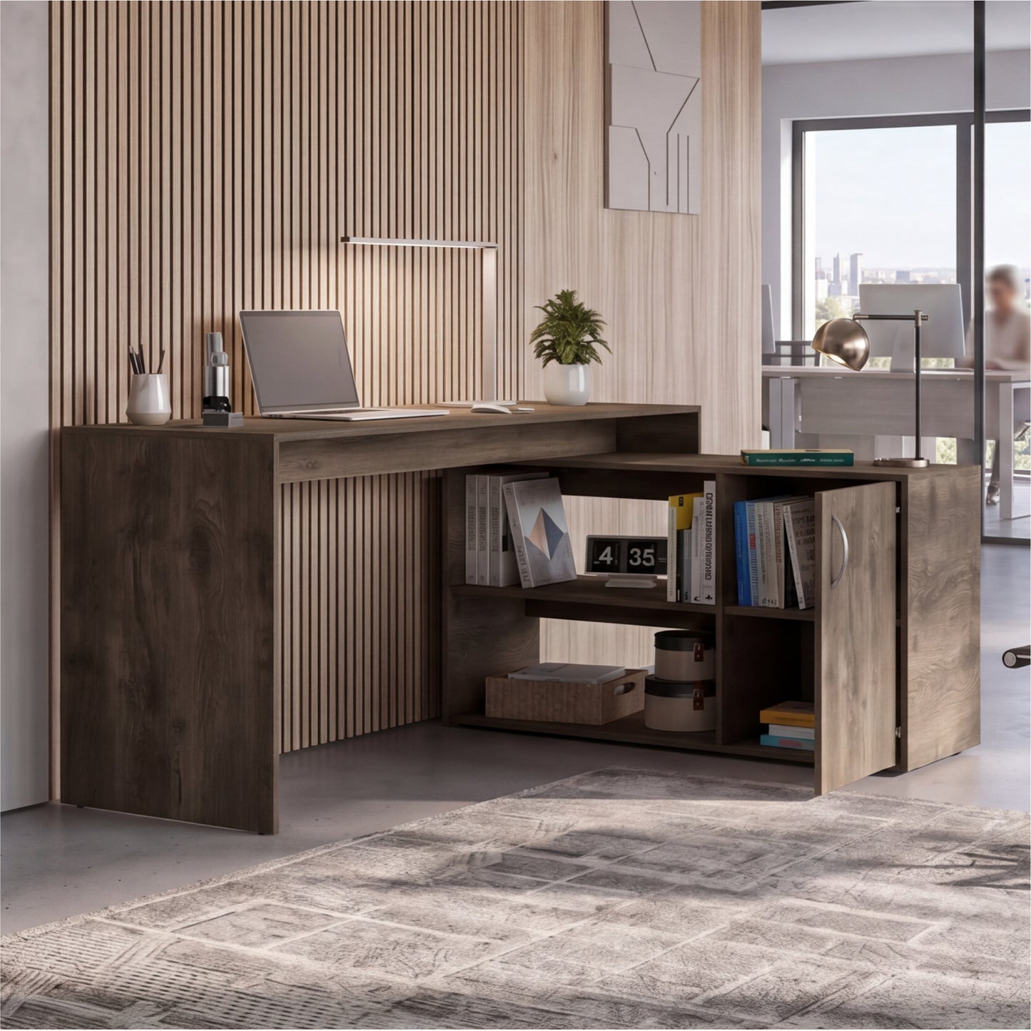Tuhome Axis Modern L-Shaped Computer Desk with Spacious Work Surface, Open Shelving, Closed Storage Cabinet with Interior Shelves, Contemporary Corner Desk for Home Office Organization and Efficient Work-From-Home Setups