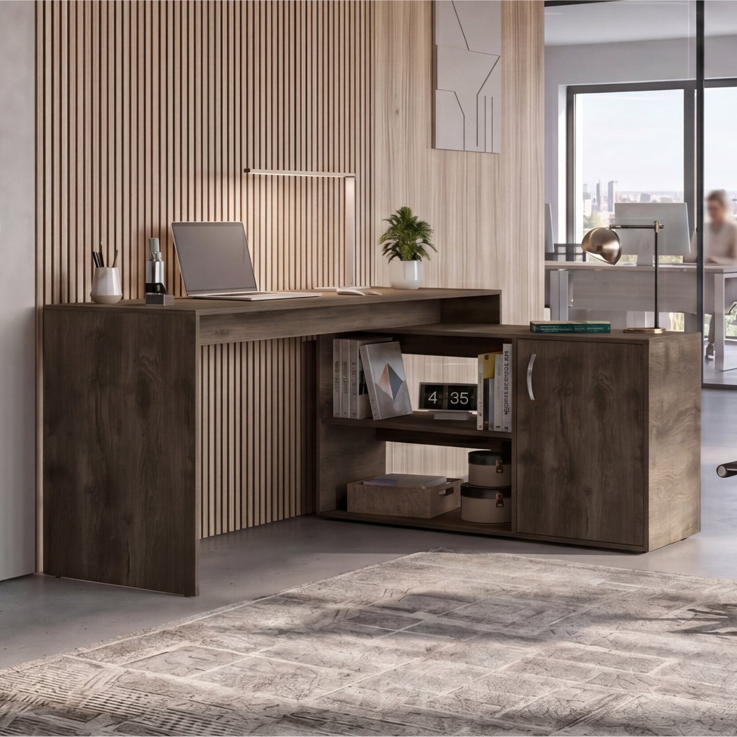 Tuhome Axis Modern L-Shaped Computer Desk with Spacious Work Surface, Open Shelving, Closed Storage Cabinet with Interior Shelves, Contemporary Corner Desk for Home Office Organization and Efficient Work-From-Home Setups