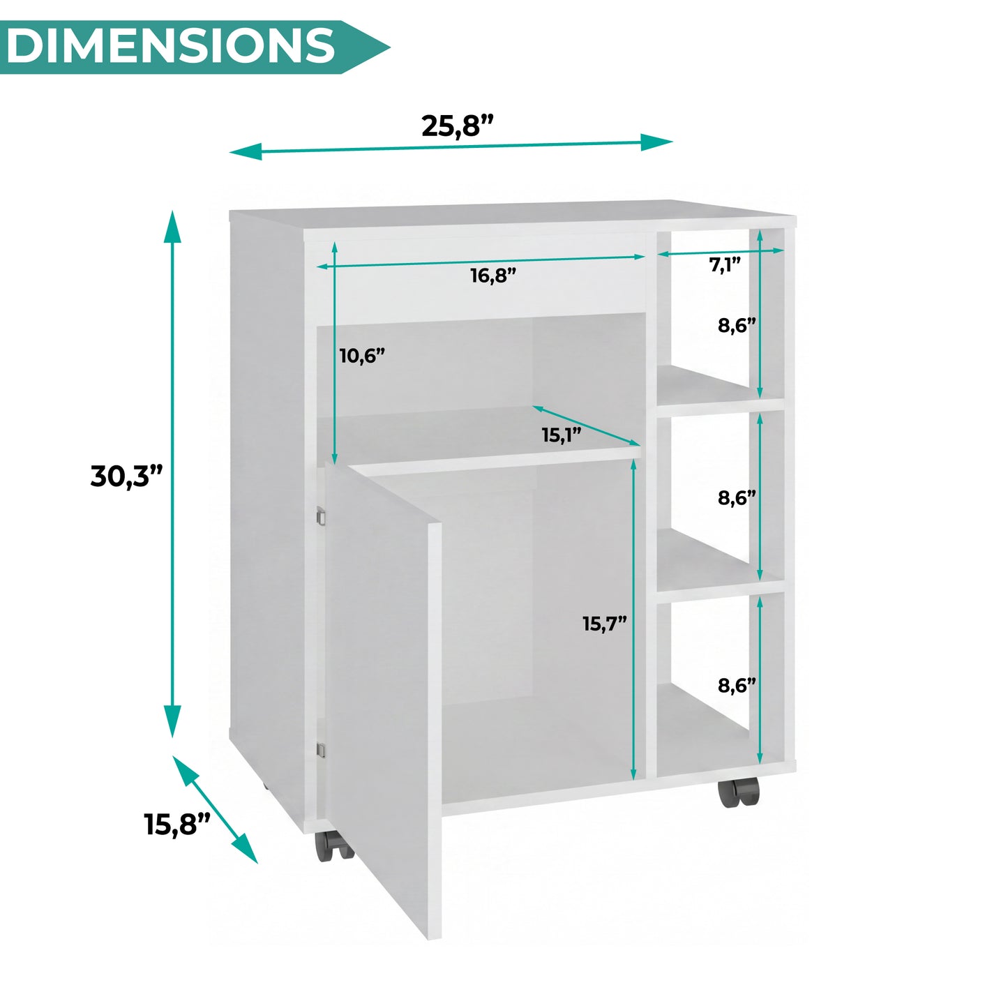 Kaito Microwave Cart and Cabinet, Freestanding Compact Sideboard with One Door Cabinet, Appliance Surface, Three Side Open Shelves and One Open Upper Shelf