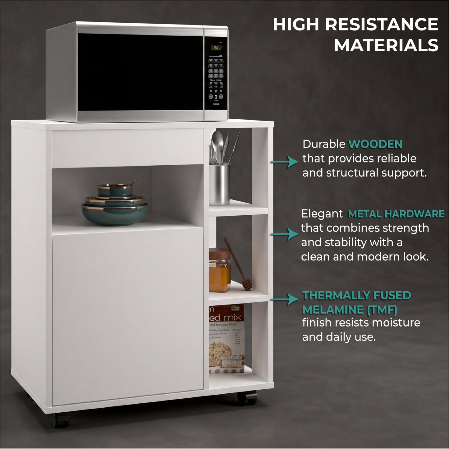 Kaito Microwave Cart and Cabinet, Freestanding Compact Sideboard with One Door Cabinet, Appliance Surface, Three Side Open Shelves and One Open Upper Shelf