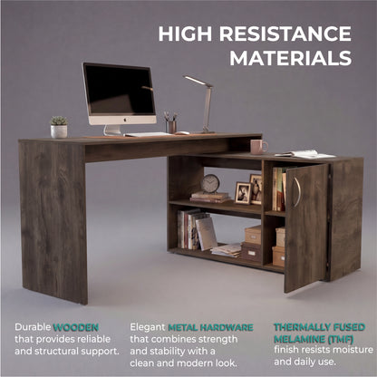 Tuhome Axis Modern L-Shaped Computer Desk with Spacious Work Surface, Open Shelving, Closed Storage Cabinet with Interior Shelves, Contemporary Corner Desk for Home Office Organization and Efficient Work-From-Home Setups
