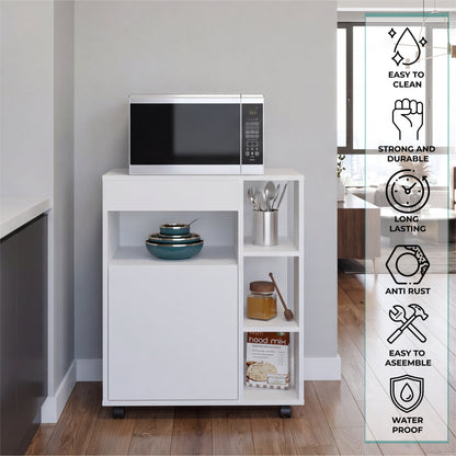 Kaito Microwave Cart and Cabinet, Freestanding Compact Sideboard with One Door Cabinet, Appliance Surface, Three Side Open Shelves and One Open Upper Shelf
