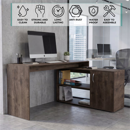 Tuhome Axis Modern L-Shaped Computer Desk with Spacious Work Surface, Open Shelving, Closed Storage Cabinet with Interior Shelves, Contemporary Corner Desk for Home Office Organization and Efficient Work-From-Home Setups