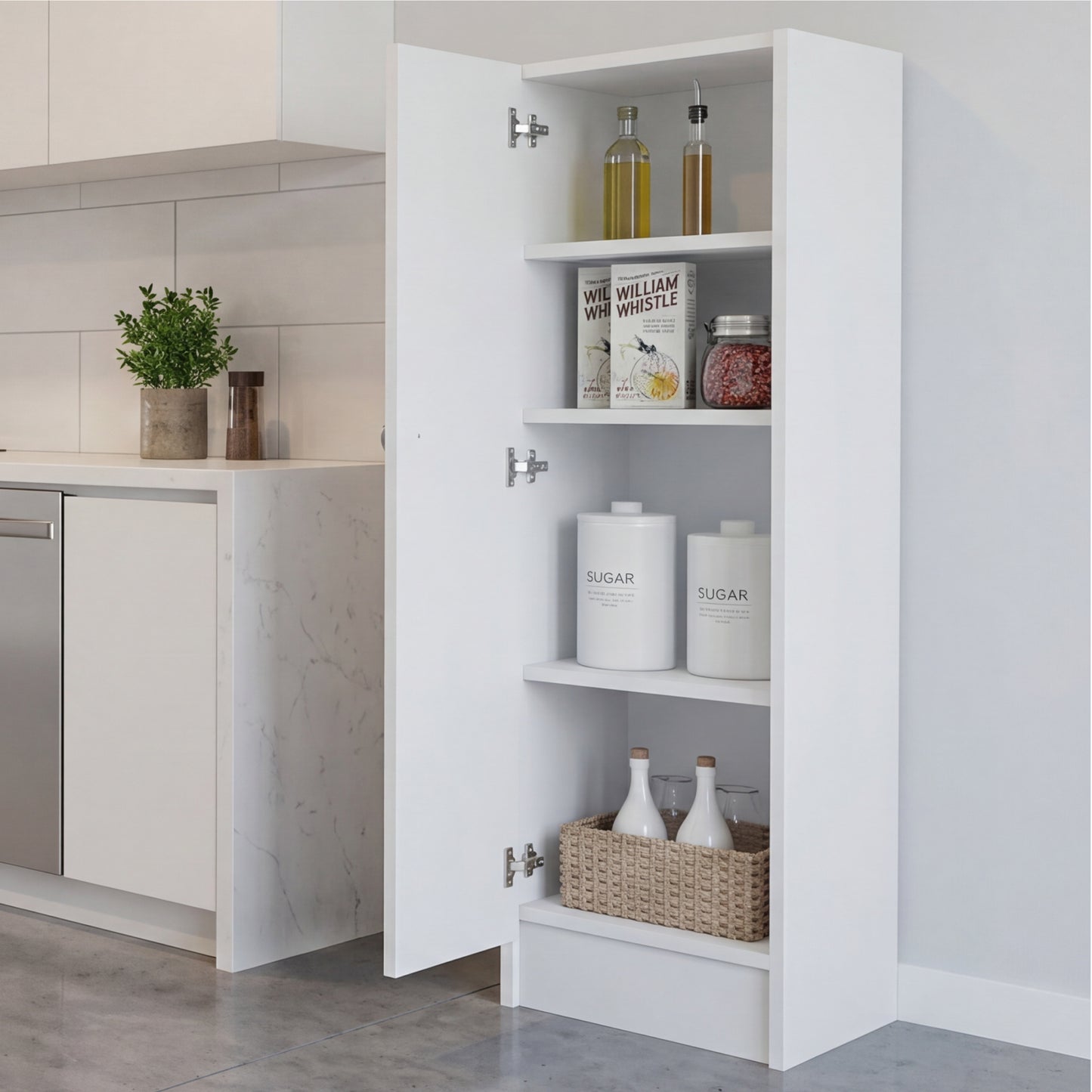 Tuhome Belleria Single Door Narrow Storage Cabinet and Pantry with 4 Interior Shelves, Slim Storage Unit for Kitchen, Bedroom, Office, or Living Room