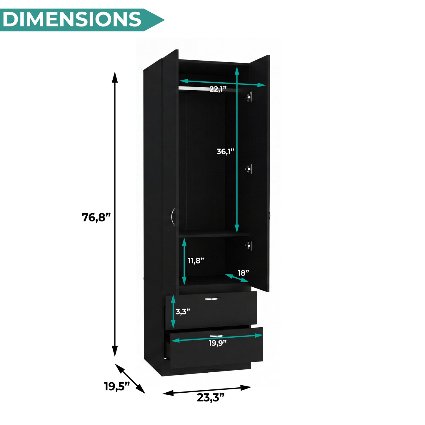 Vico 76-Inch High Armoire Wardrobe Closet with Double Door Cabinet, Two Spacious Drawers, Internal Shelf, Hanging Rod, Multi-Section Clothing Organizer for Bedroom Storage and Freestanding Clothes Organization