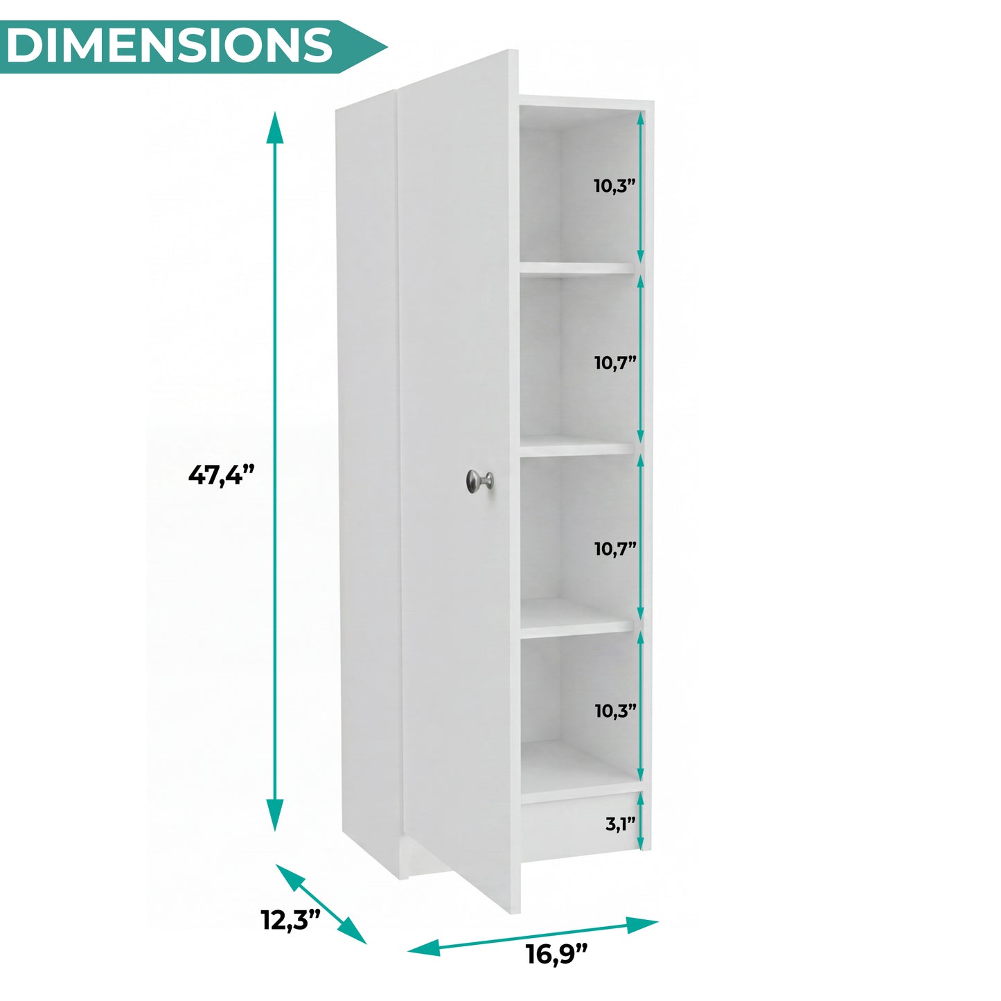 Tuhome Belleria Single Door Narrow Storage Cabinet and Pantry with 4 Interior Shelves, Slim Storage Unit for Kitchen, Bedroom, Office, or Living Room