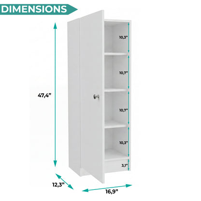 Tuhome Belleria Single Door Narrow Storage Cabinet and Pantry with 4 Interior Shelves, Slim Storage Unit for Kitchen, Bedroom, Office, or Living Room