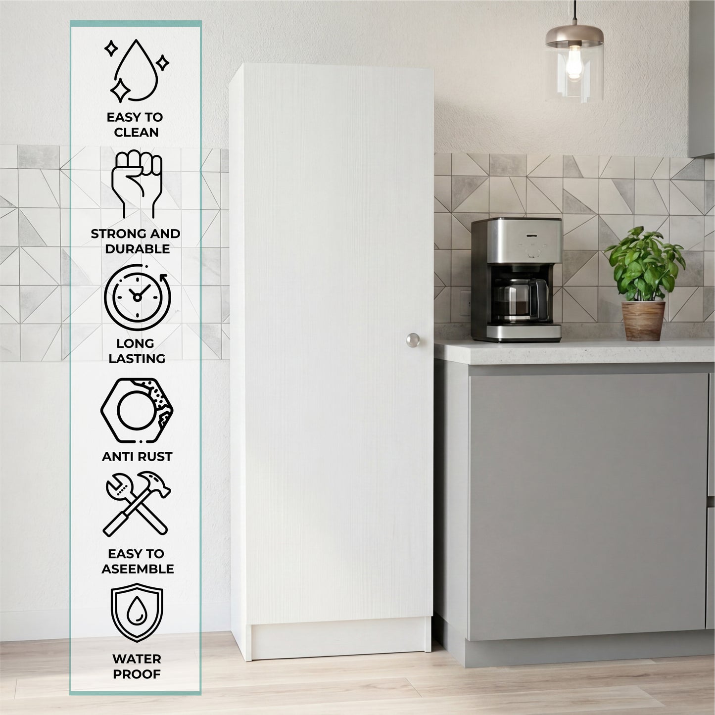 Tuhome Belleria Single Door Narrow Storage Cabinet and Pantry with 4 Interior Shelves, Slim Storage Unit for Kitchen, Bedroom, Office, or Living Room