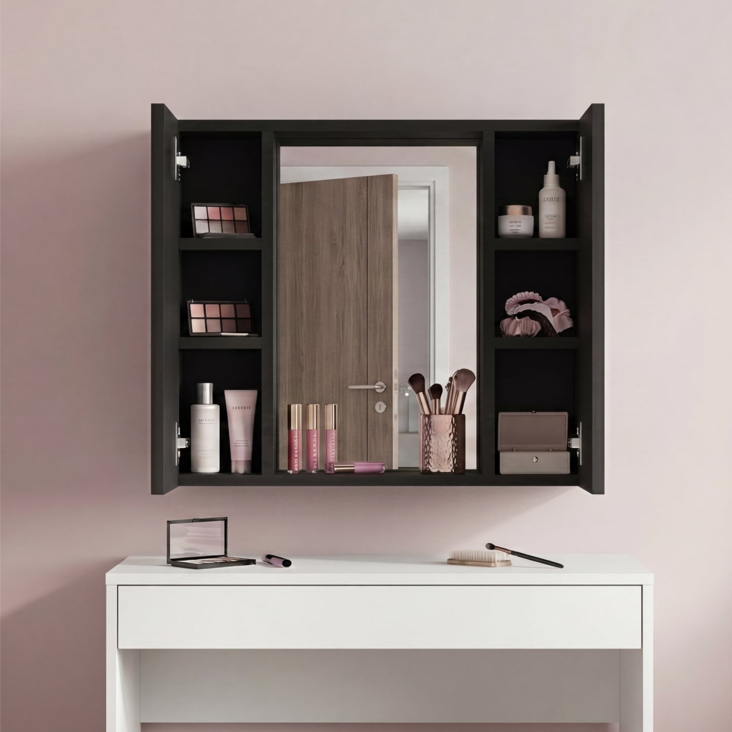 Tuhome Artemisa Medicine Cabinet with Integrated Mirror, Six Interior Storage Shelves, Secure Double-Door Design, Space-Saving Wall Cabinet for Organized Bathrooms and Daily Essentials.