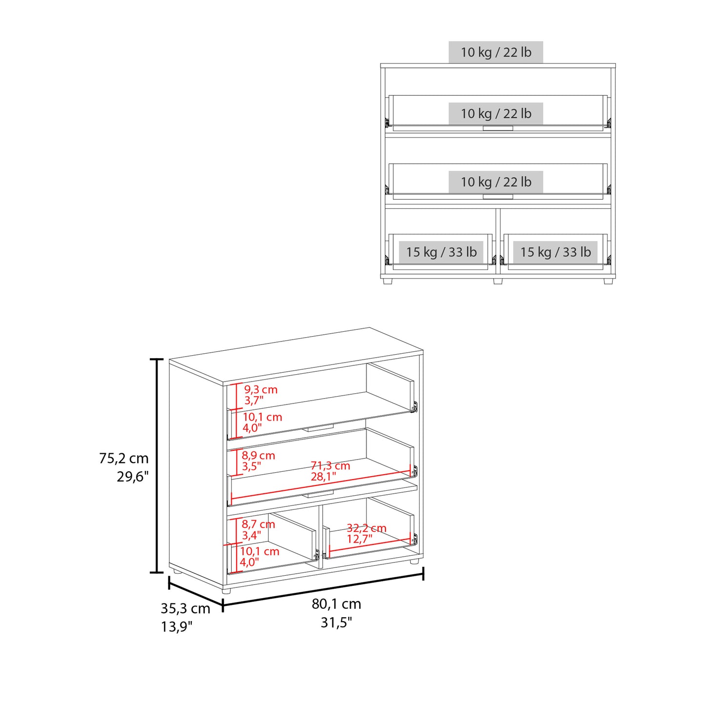 Alpine Four Drawer Dresser with Base Independent Drawers