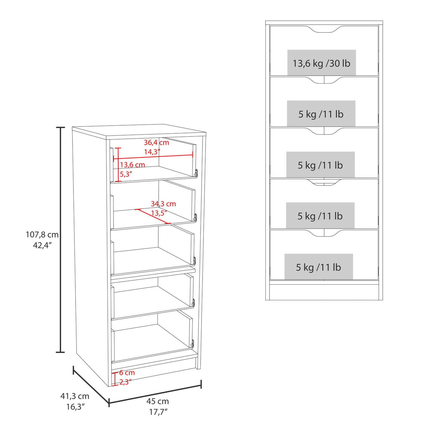 Basilea Tall Dresser with Five Row Drawers