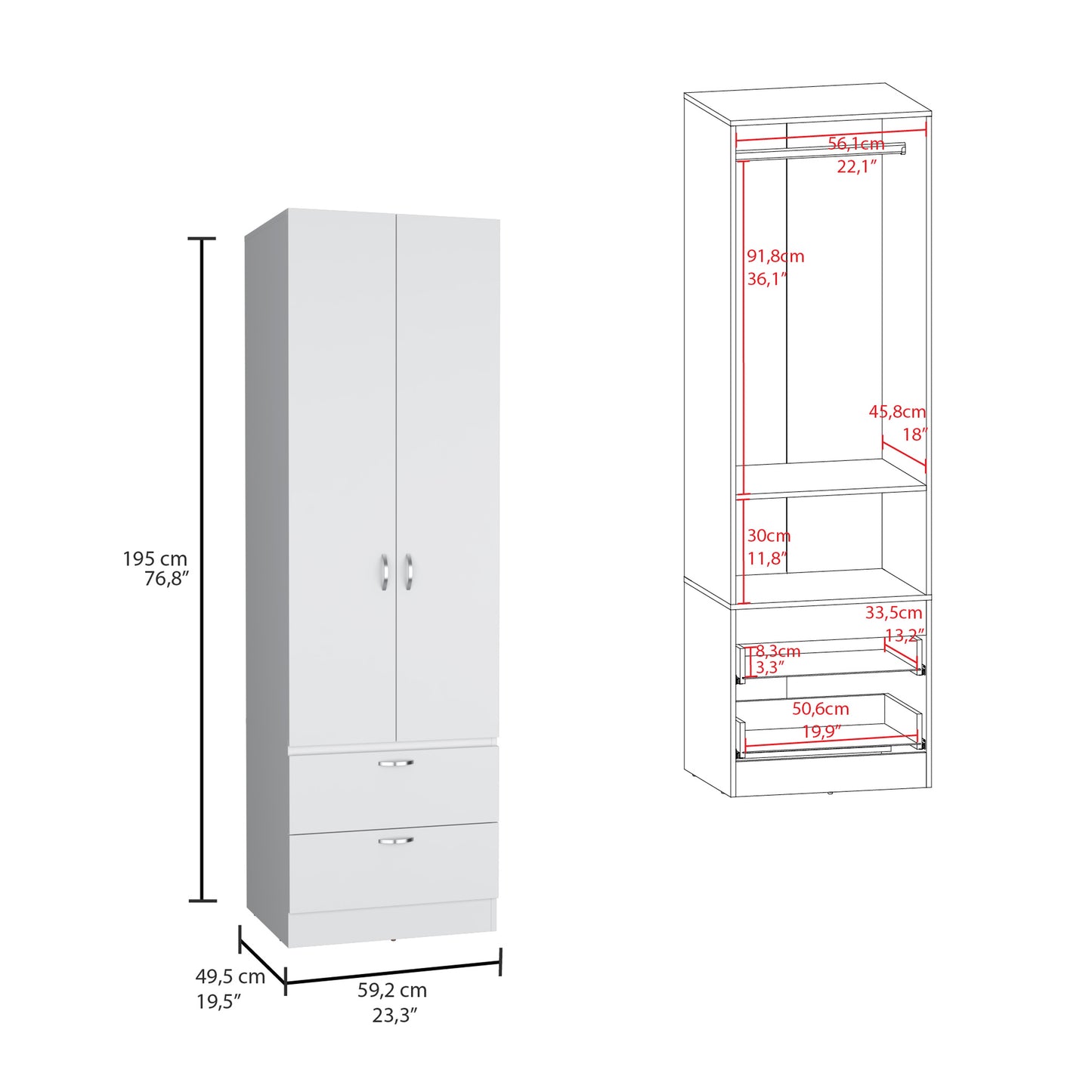 Vico 76" High Armoire Wardrove Closet with 2 Drawers, Double Door Cabinet , One Shelf and Hanging Rod, Bedroom Clothes Storage Cabinet Organizer