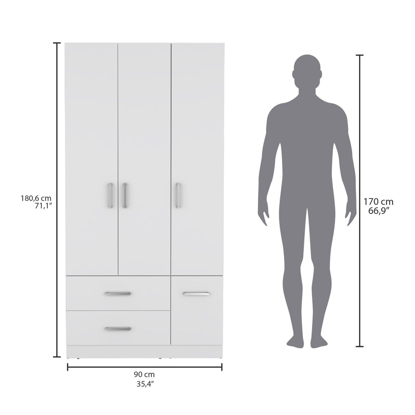 Sebree 71" High Armoire Wardrove Closet with 2 Drawers, Four Doors , Three Cabinet , Six Shelves and Hanging Rod, Bedroom Clothes Storage Cabinet Organizer