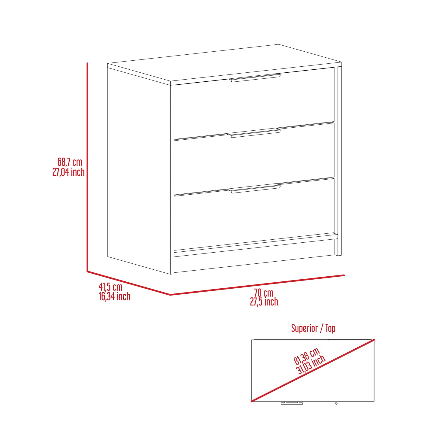 Tuhome Kaia 3 Drawers Dresser with Spacious Storage, Modern Superior Top for Décor, Functional Bedroom Organizer for Clothing and Essentials, Contemporary Space-Saving Furniture with Smooth Metal Hardware