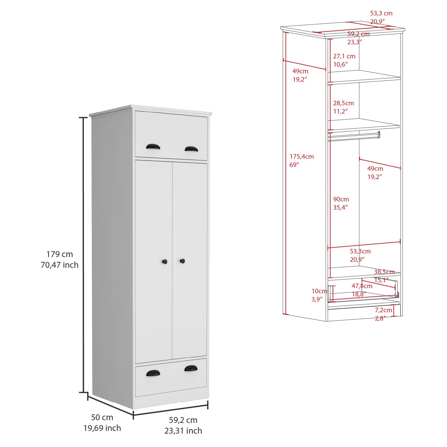 Falkland Armoire with 1 Drawer and 1 Hinged Drawer with Handles