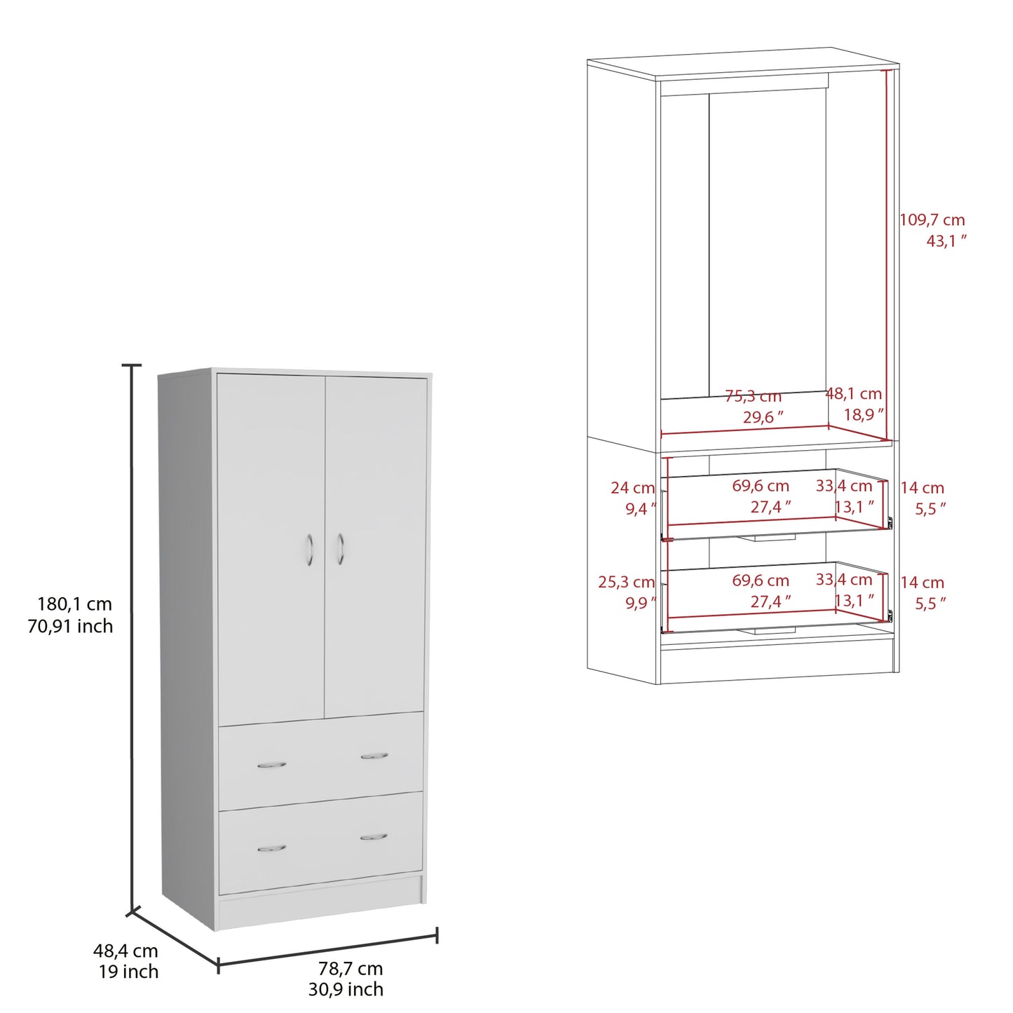 Taly Armoire with Double Doors, 2 Drawers, and Hanging Rod