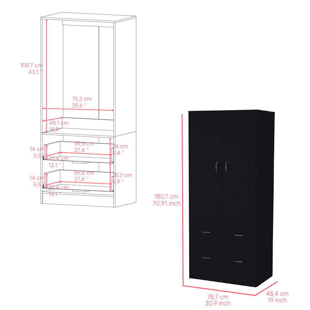 Taly Armoire with Double Doors, 2 Drawers, and Hanging Rod