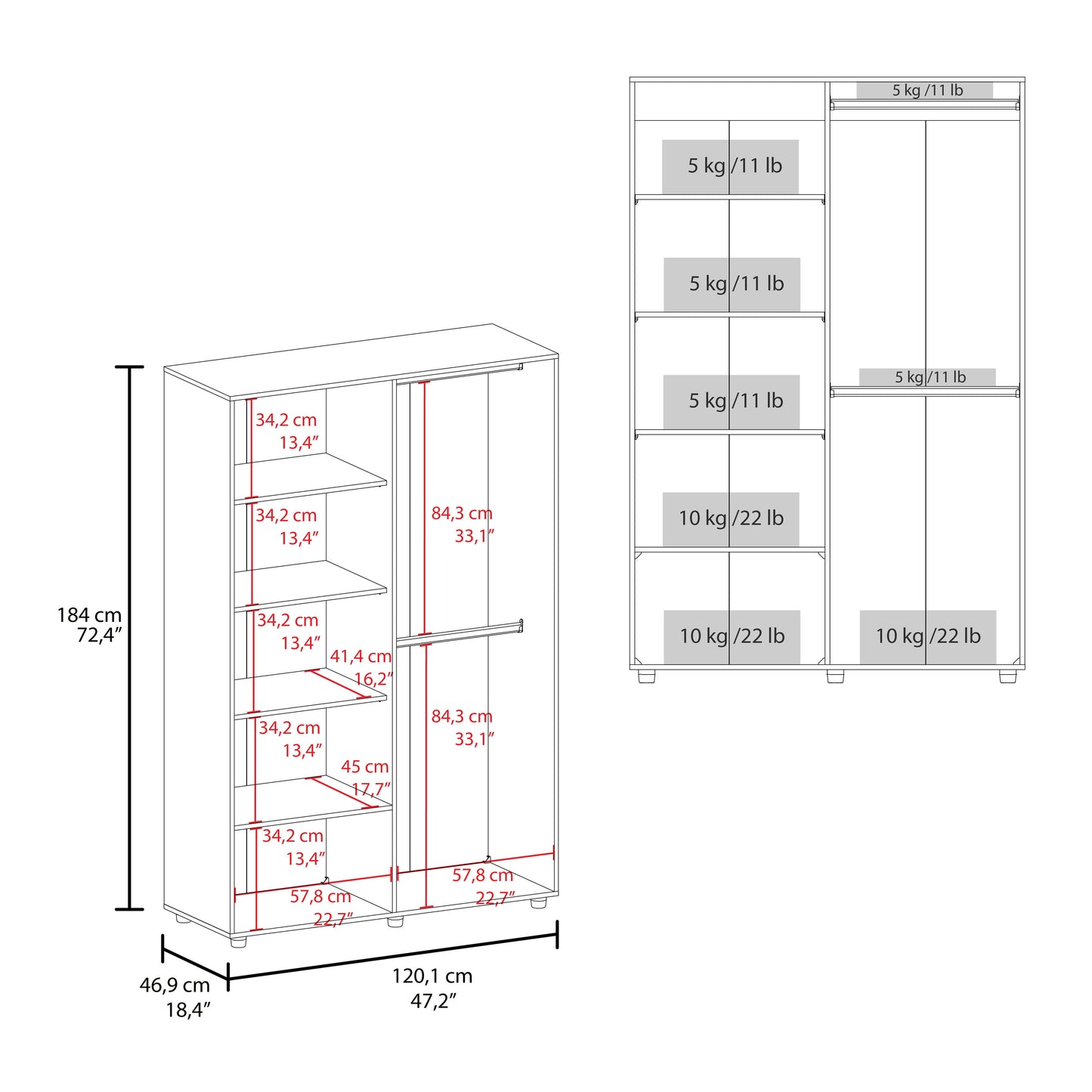 Eco 72" High 6-tier Shelf One-Door Cabinet Armoire with Two Hanging Rods