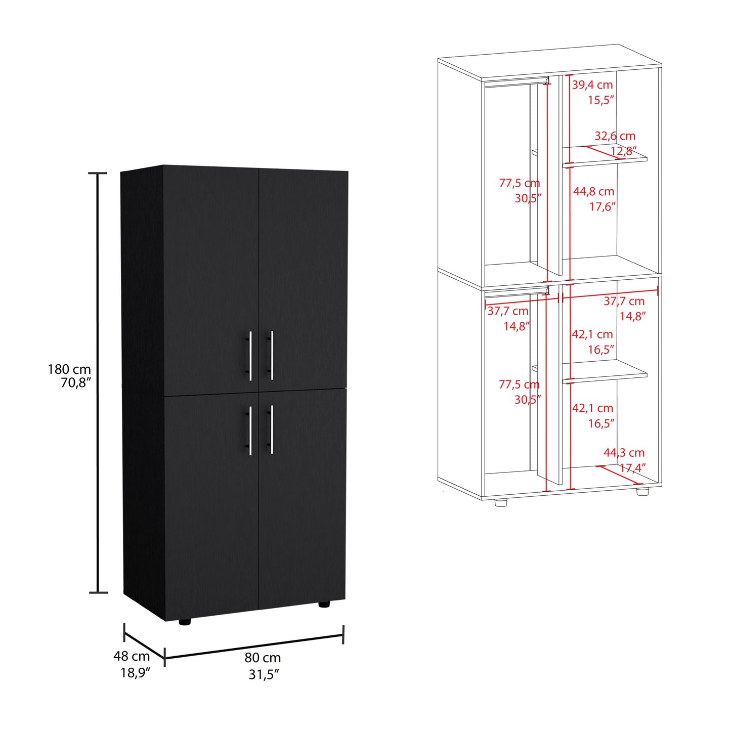 Hazel 70" High Four-Door Armoire Wardrove Closet Cabinet, Six Shelves and Two Hanging Rods, Bedroom Clothes Storage Cabinet Organizer