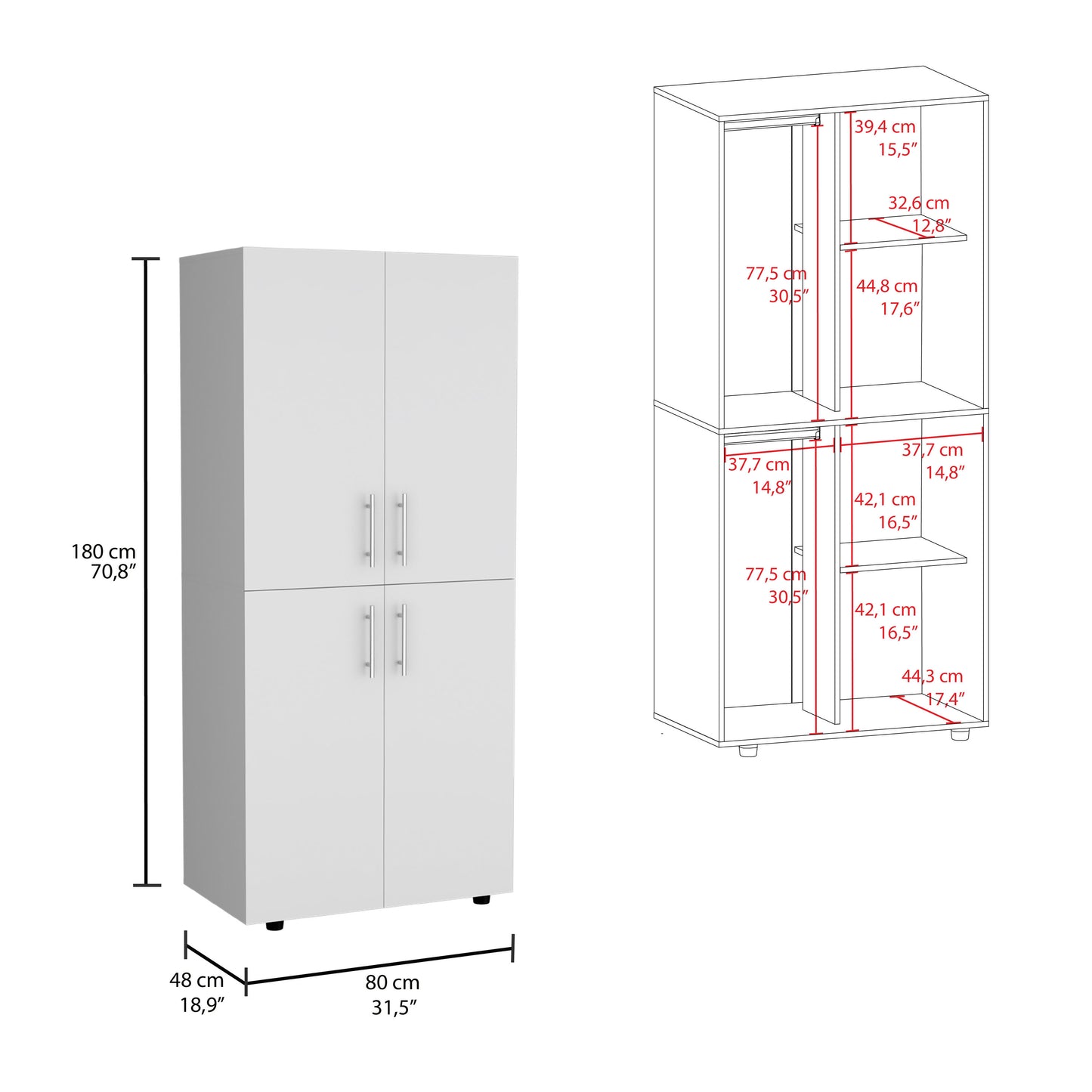 Hazel 70" High Four-Door Armoire Wardrove Closet Cabinet, Six Shelves and Two Hanging Rods, Bedroom Clothes Storage Cabinet Organizer