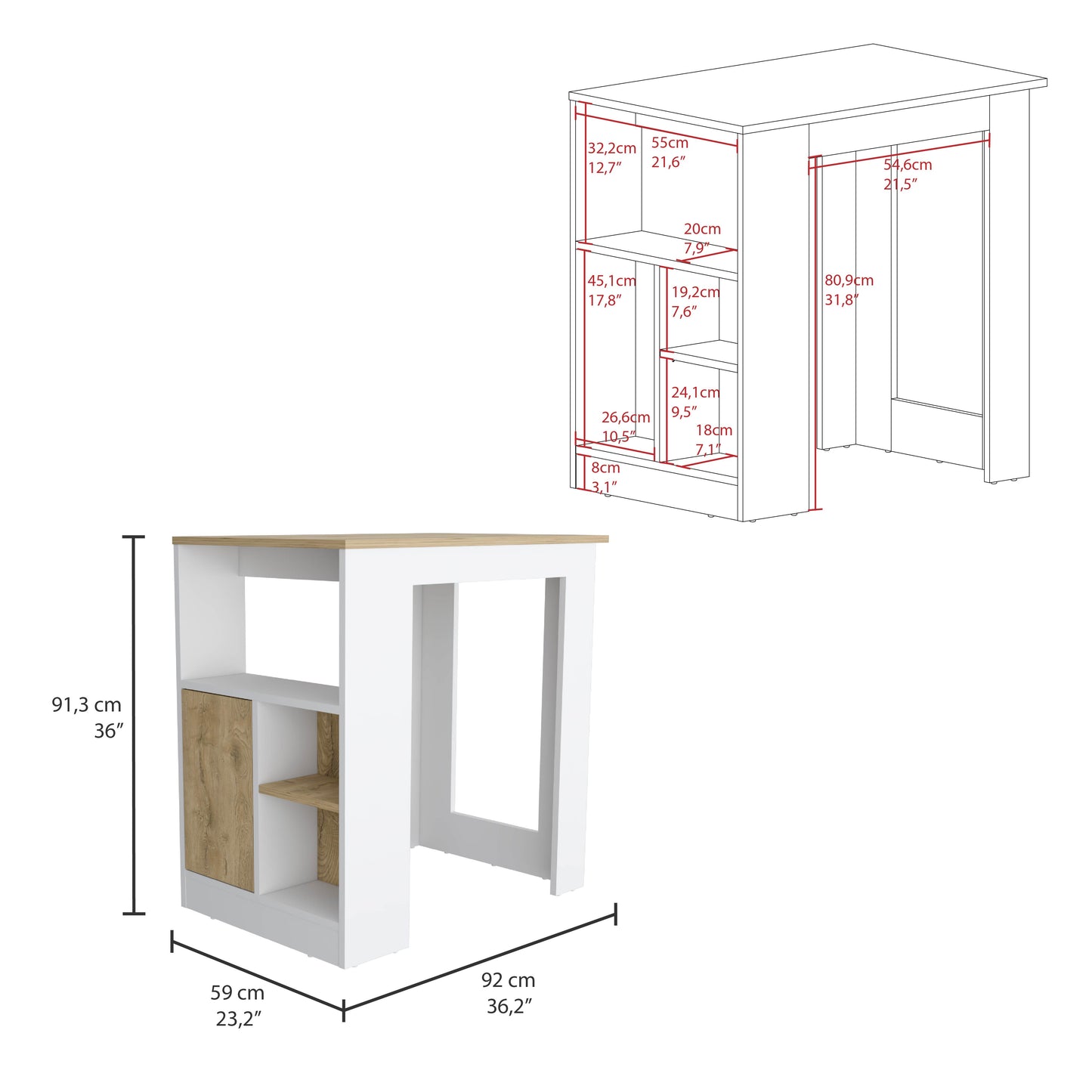 Stirling Kitchen Island with 1-Door Cabinet and Side Shelves