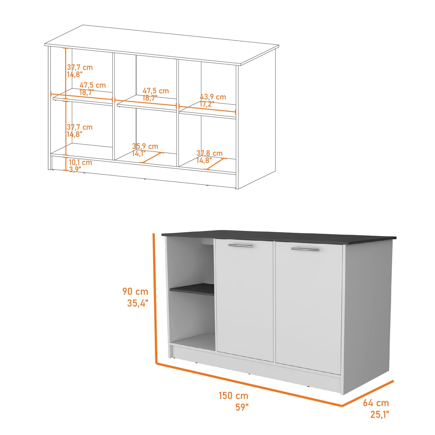 Juniper Kitchen Island, Four Open Shelves, Two Cabinets