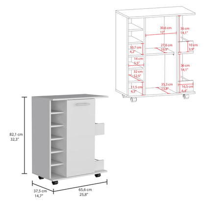 Lothian Bar Cart with Casters, 2-Side Storage Shelves and 6-Wine Bottle Rack