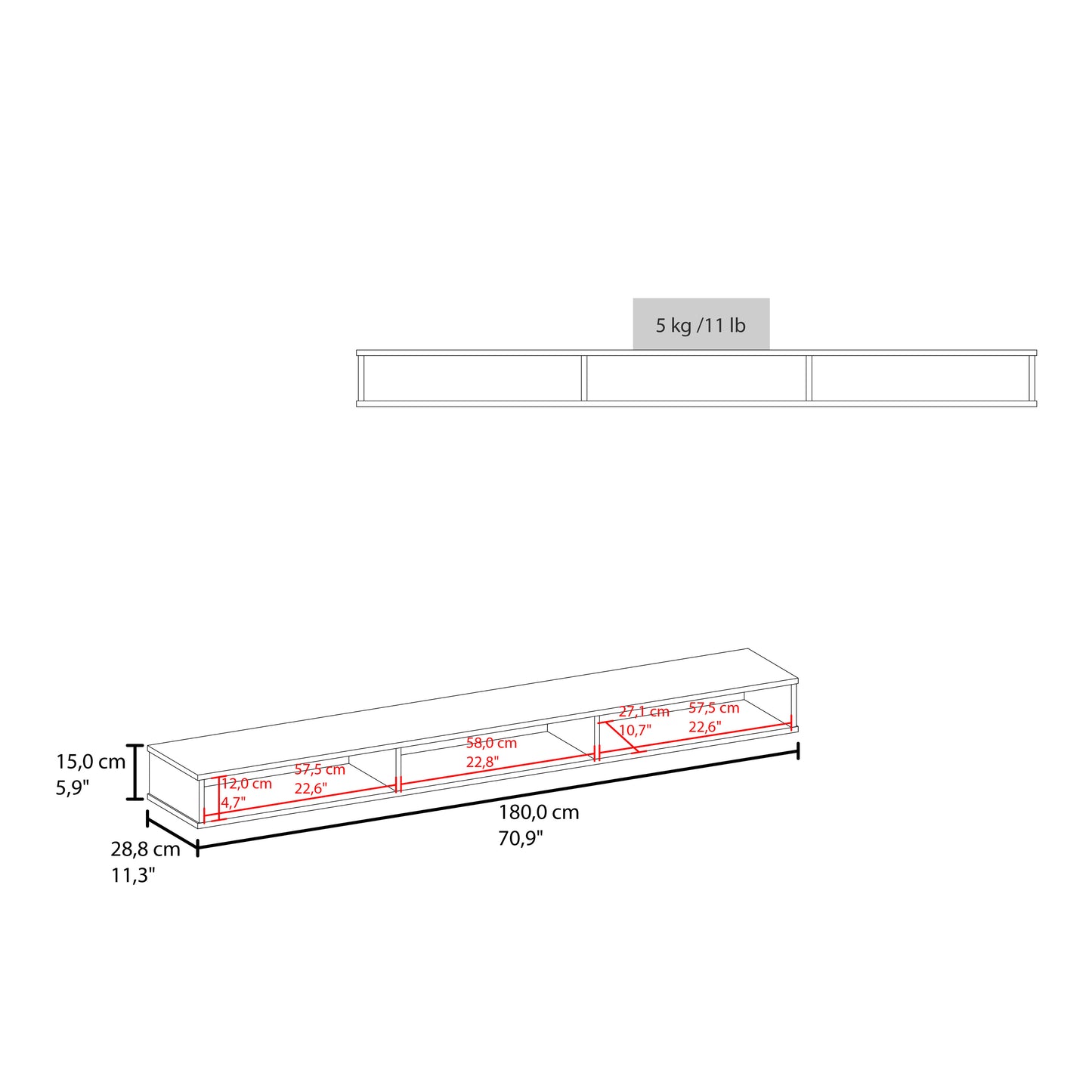 Floating Tv Stand Luft 71" Wide with three shelves