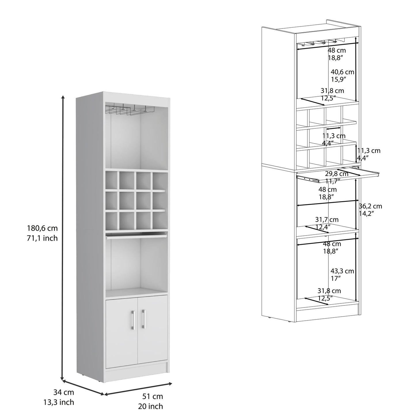 Kevil 71-Inch Tall Bar Cabinet 5-Tier Modern Bar Cabinet with Glass Holder Stemware Rack, Wine Cabinet, Liquor Cabinet, 12 Bottle Cubbies, 5 Shelves, and Pull Out Tray