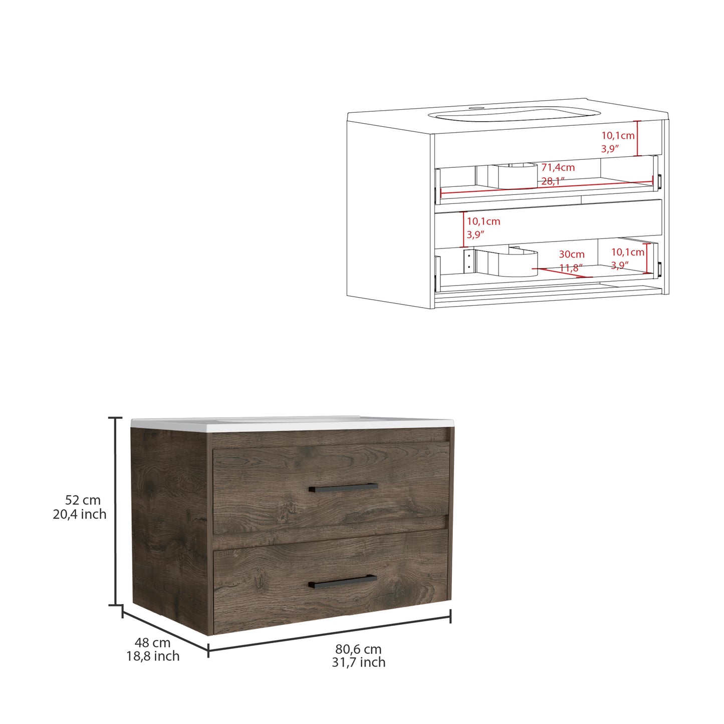 Praga Floating Vanity Sink with 2-Drawers, Double Drawer