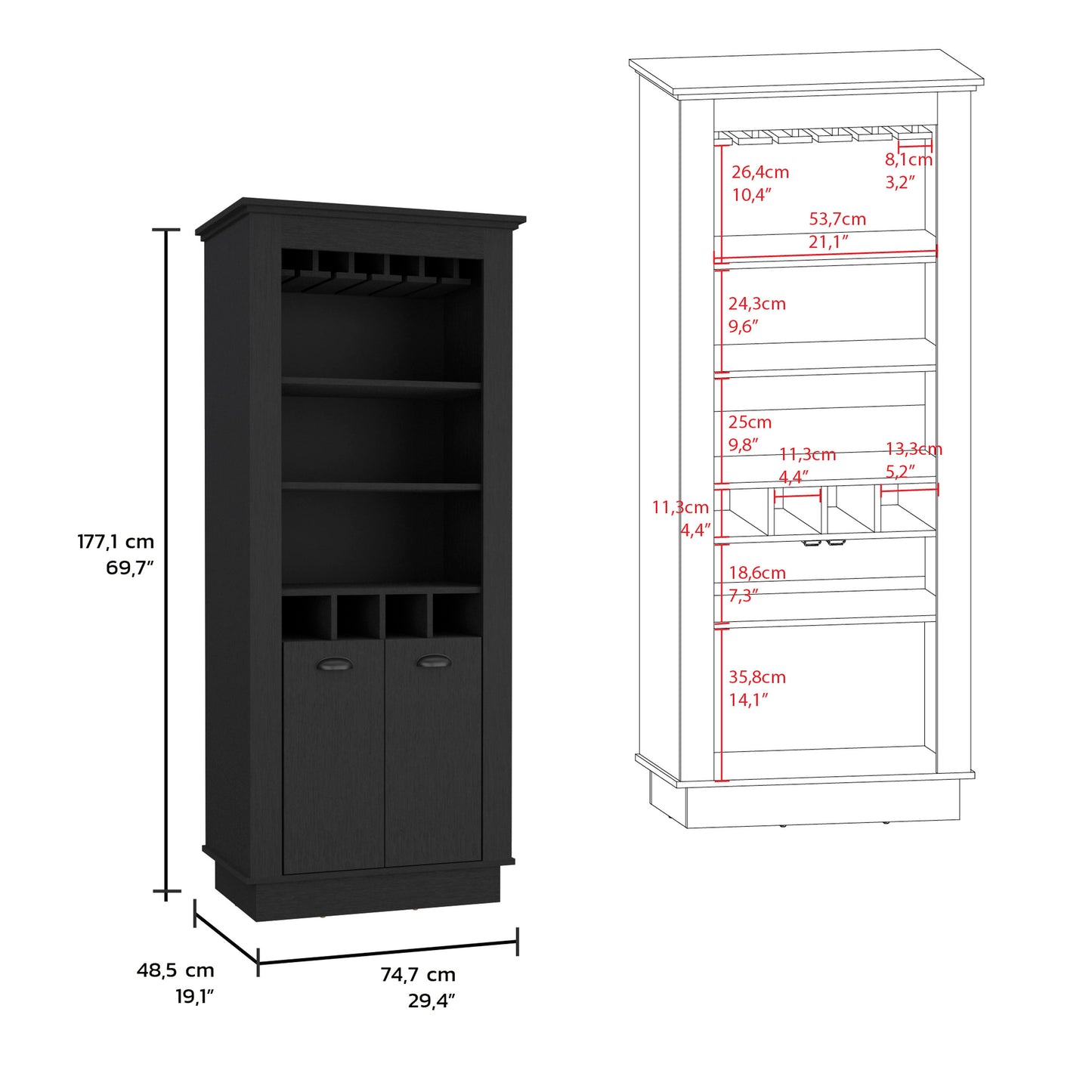 Lafayette Bar Cabinet Cubby shelving and Glass stands