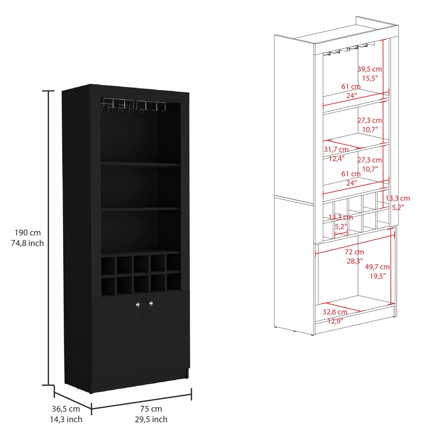 Nero Tall Bar Cabinet 4-Tier Modern Bar Cabinet with Glass Holder Stemware Rack, Wine Cabinet, Liquor Cabinet, 10 Bottle Cubbies and 4 Shelves.