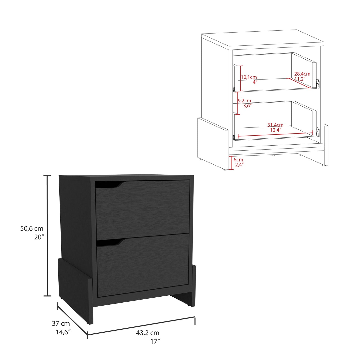 Luss Nightstand, Bedside Table with 2-Drawers