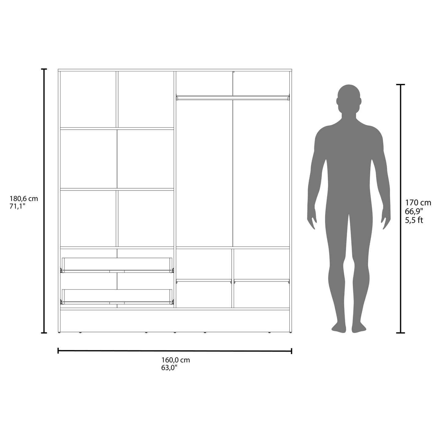 Bolton 160 Armoire with Mirror and four Doors, Two Drawers