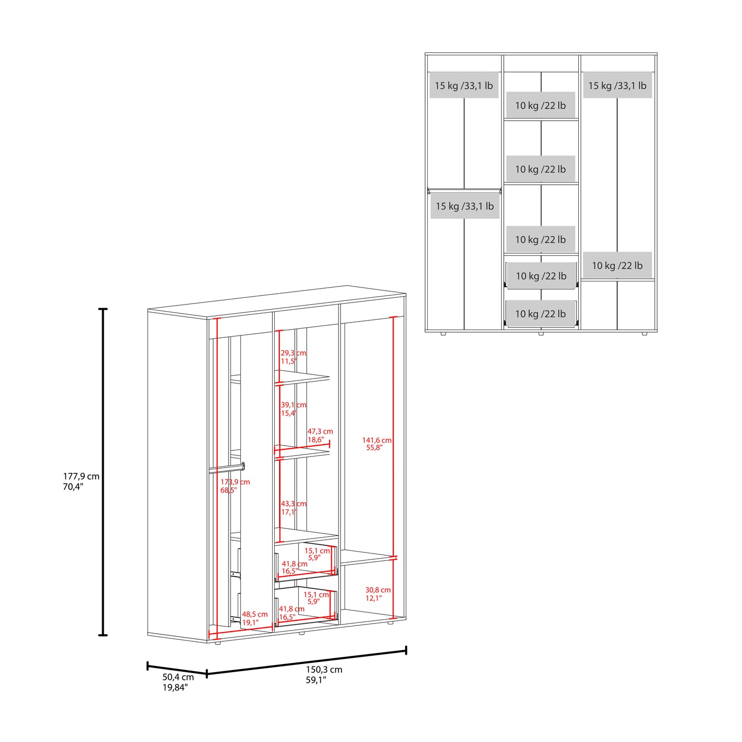 Bariloche Wardrobe with Multi-Section Storage, Three Hanging Rods, Central Open Shelving Area, Two Smooth-Glide Drawers, Metal Handles and Spacious Organization