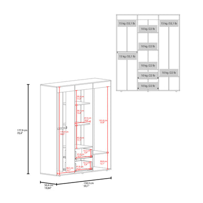 Bariloche Wardrobe with Multi-Section Storage, Three Hanging Rods, Central Open Shelving Area, Two Smooth-Glide Drawers, Metal Handles and Spacious Organization
