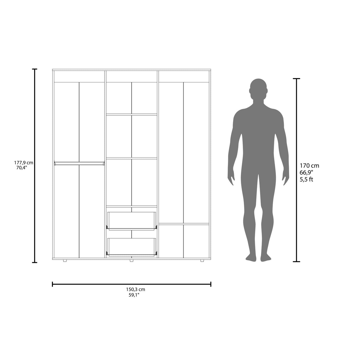 Bariloche Wardrobe with Multi-Section Storage, Three Hanging Rods, Central Open Shelving Area, Two Smooth-Glide Drawers, Metal Handles and Spacious Organization