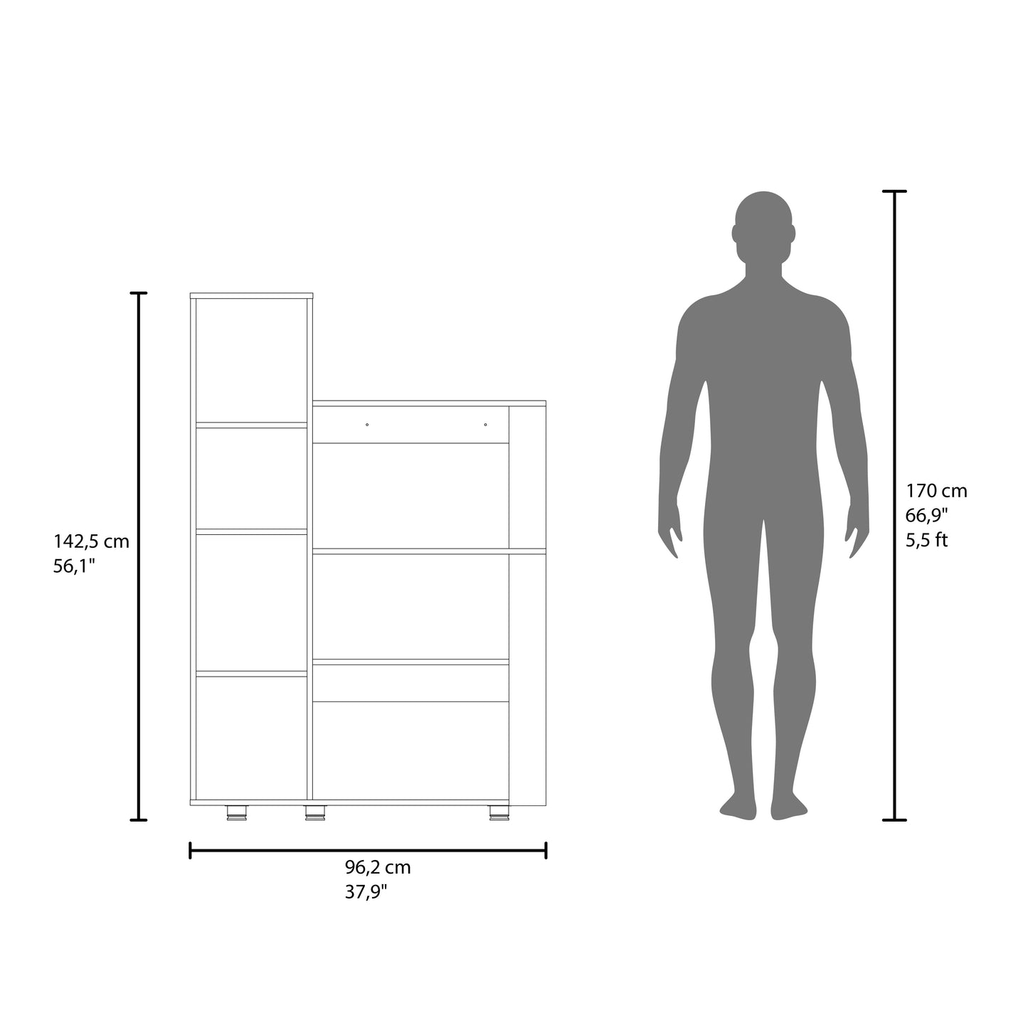 Aldan Multistorage Pantry with Glass Door Cabinet, 3 Open Shelves for Microwave Space and 2 Door Small Cabinet