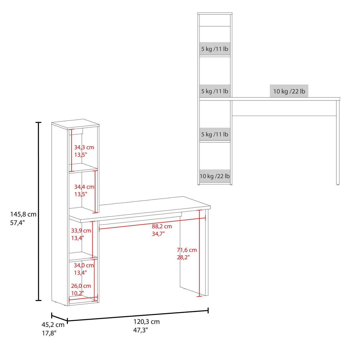 Aston Modern Computer Desk with Integrated Booshelf with Multi-Tier Open Shelves