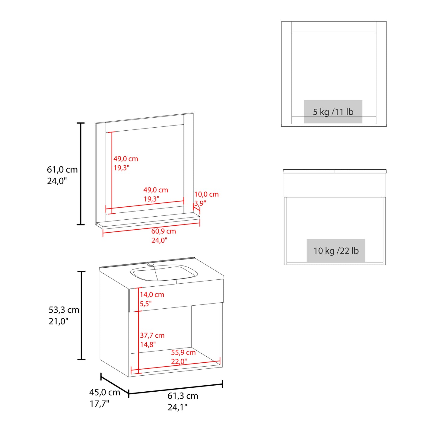 Blake Bathroom Mirror Cabinet, Wall-Mounted Storage With Two Interior Shelves