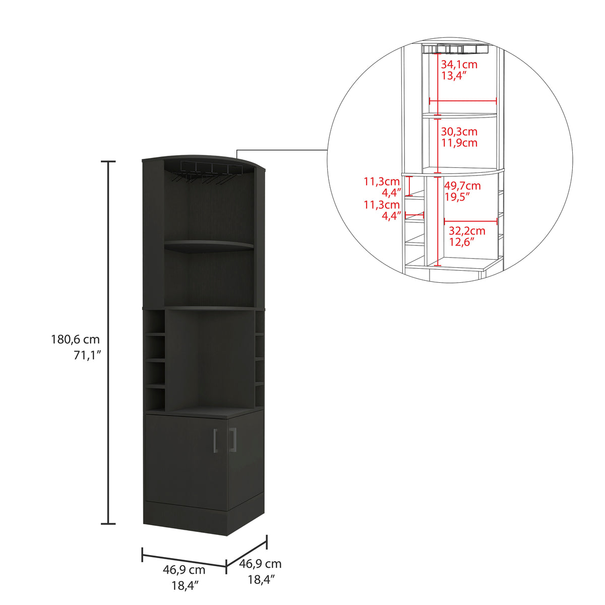 Tuhome Syrah Corner Bar Cabinet with Two External Shelves, Stemware Rack, Eight Cubbies, Modern Design for Living Room or Home Bar