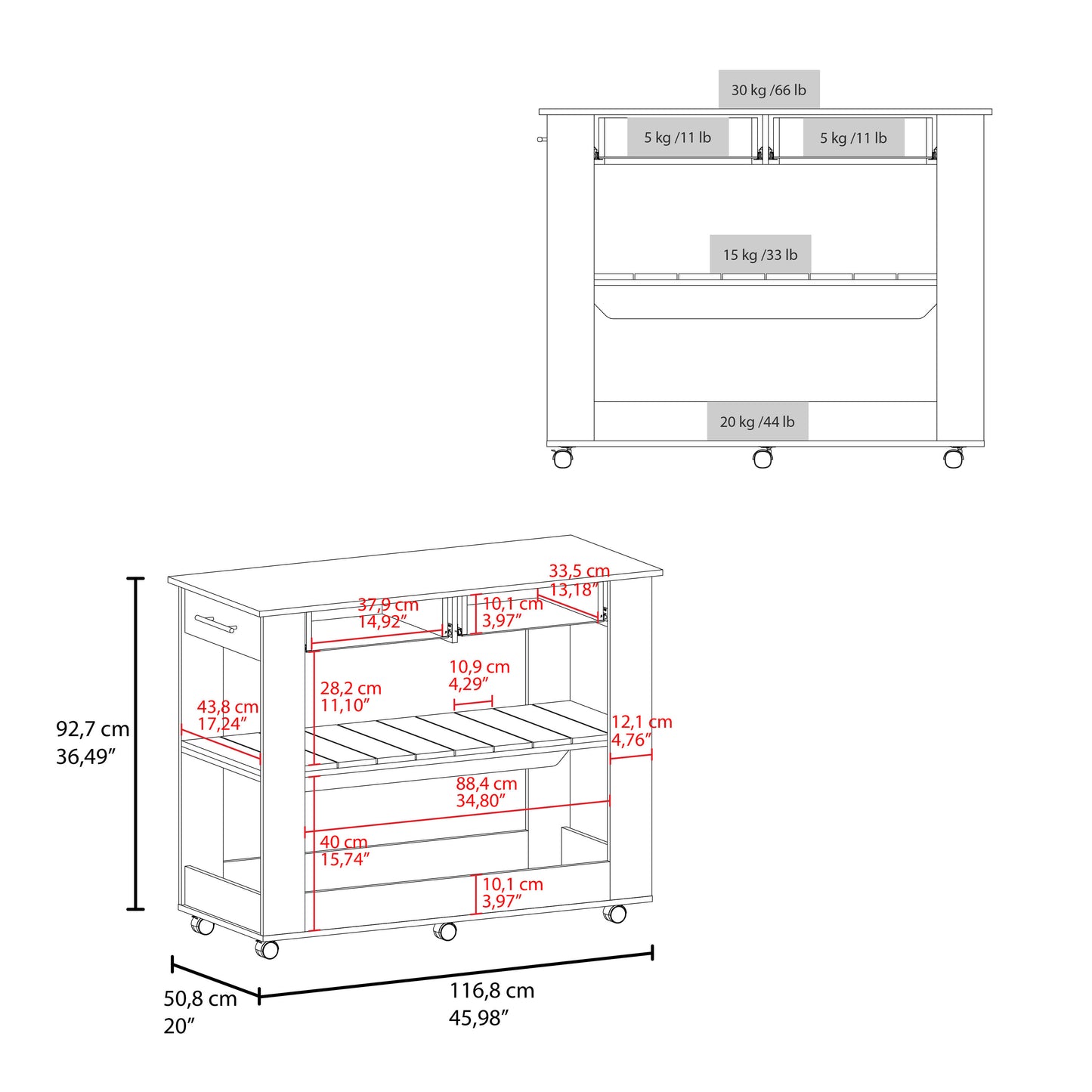 Cala Kitchen Island, Three Open Shelves, One Top Shelf, Four Legs, Modern Kitchen Decor And Organizer