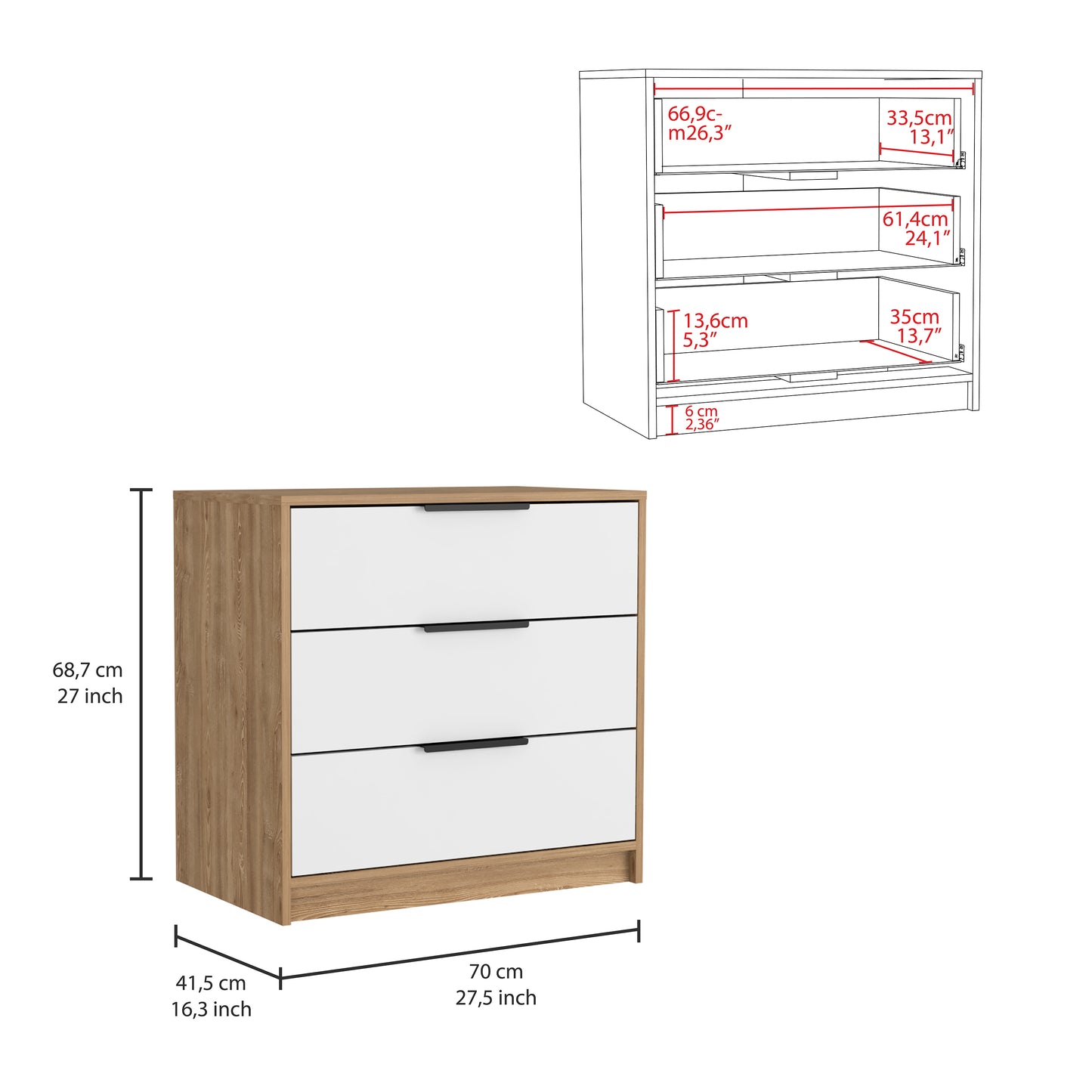 Tuhome Kaia 3 Drawers Dresser with Spacious Storage, Modern Superior Top for Décor, Functional Bedroom Organizer for Clothing and Essentials, Contemporary Space-Saving Furniture with Smooth Metal Hardware