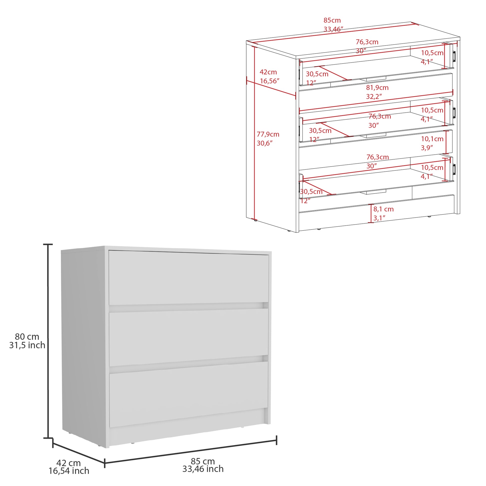 Austin Three Drawer Dresser, Pull Out Mechanism White