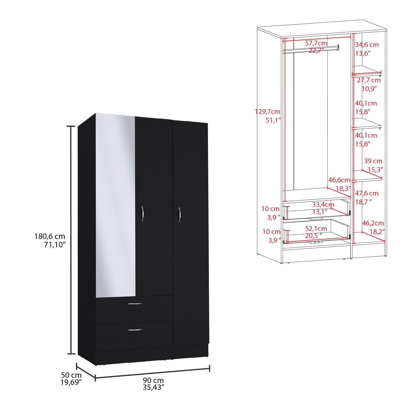 Riverside 3 Door Mirrored Armoire with Two Drawers, Four Shelves, and Hanging Rod