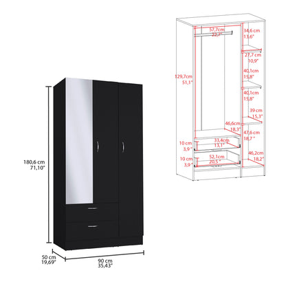 Riverside 3 Door Mirrored Armoire with Two Drawers, Four Shelves, and Hanging Rod