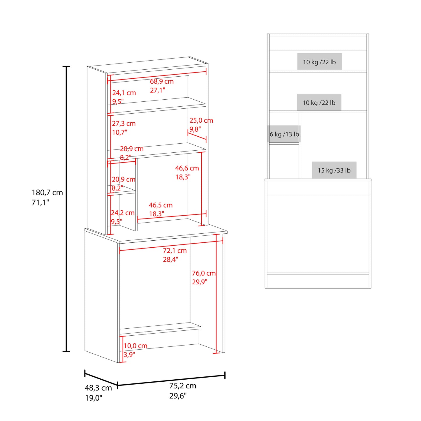 Tuhome Compu Hutch Desk with Four Shelves, One Lower Shelf, Writing Desk, Space-Saving Solution for Home Office or Study