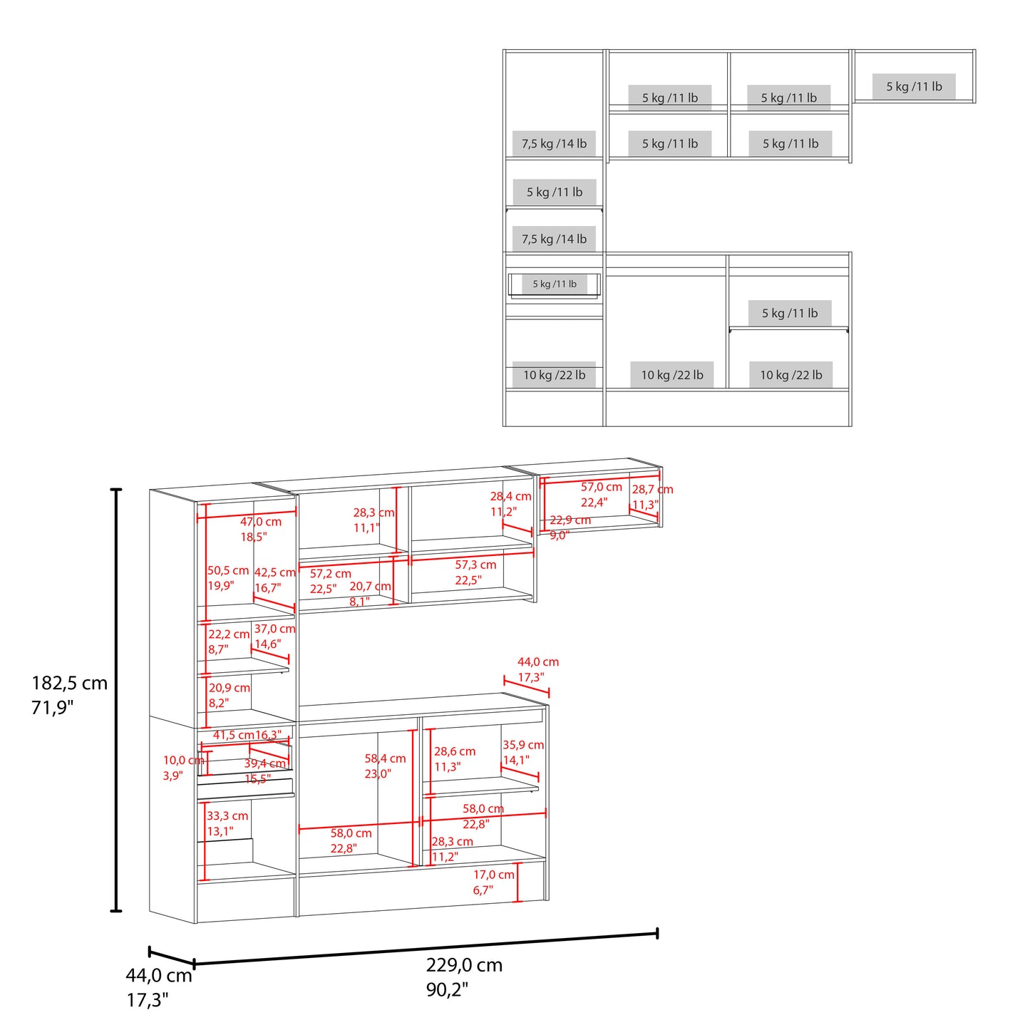 Dal Kitchen Cabinet Set, Multi-Storage Modular System with Upper Wall Cabinets, Base Cabinets, Open Shelves & Wide Countertop, Engineered Wood